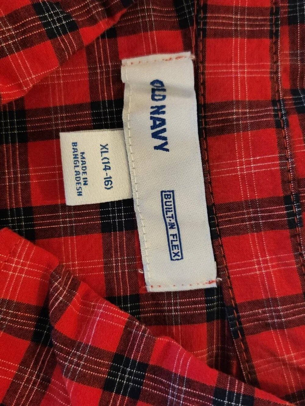Old Navy Built in Flex Red and Black Plaid Shirt XL 14-16